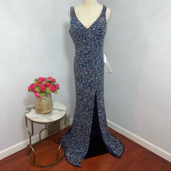 # Mac Duggal Navy / Blue Sleeveless Sequin Embellished Sheath Gown W/ High Slit - Picture 3 of 15